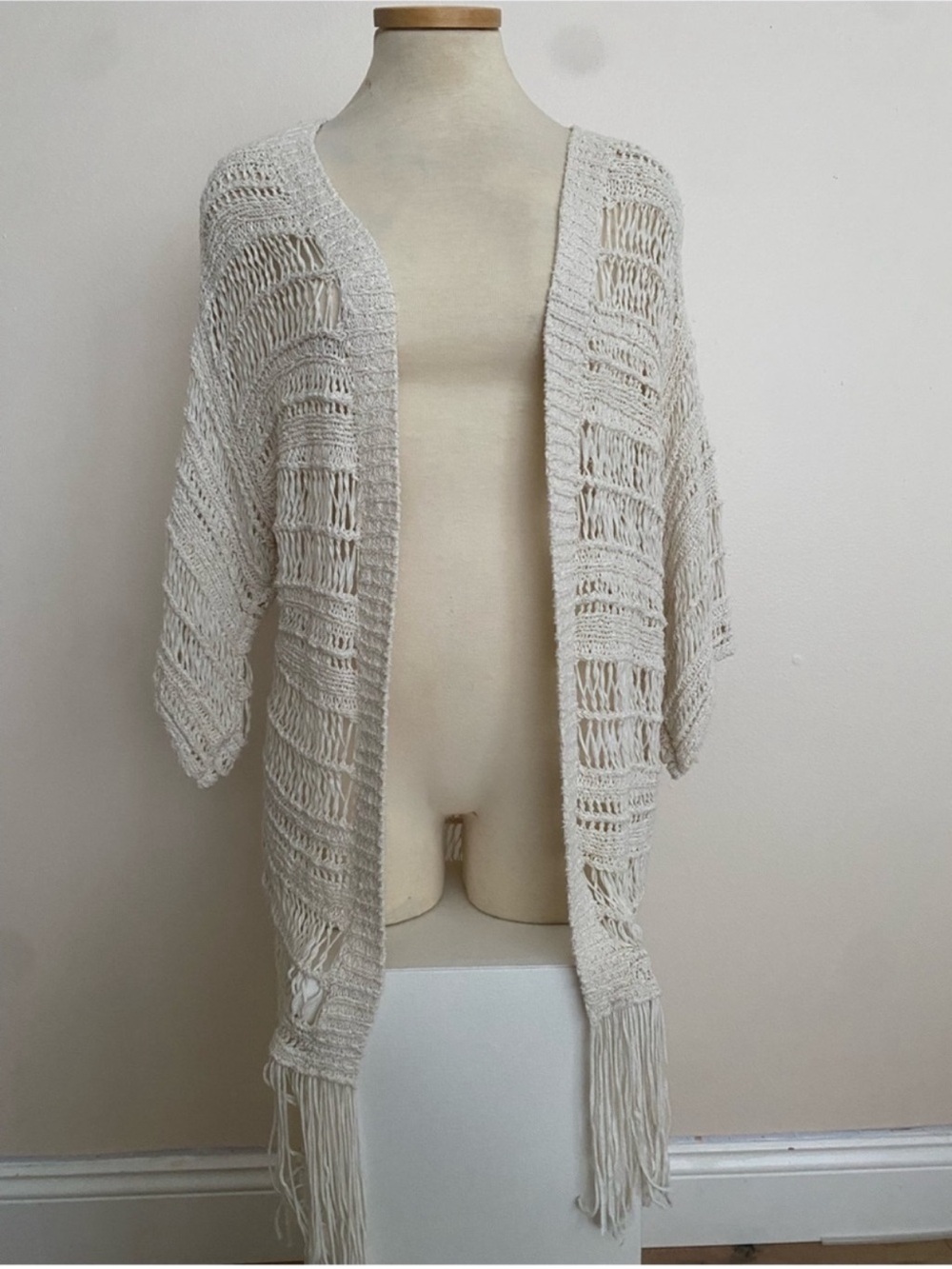 American Eagle Outfitters Open-Front Cream Crochet Fringe Cardigan